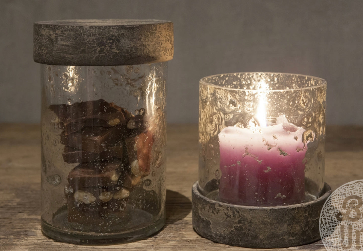 Windlicht met houten deksel ( groot)