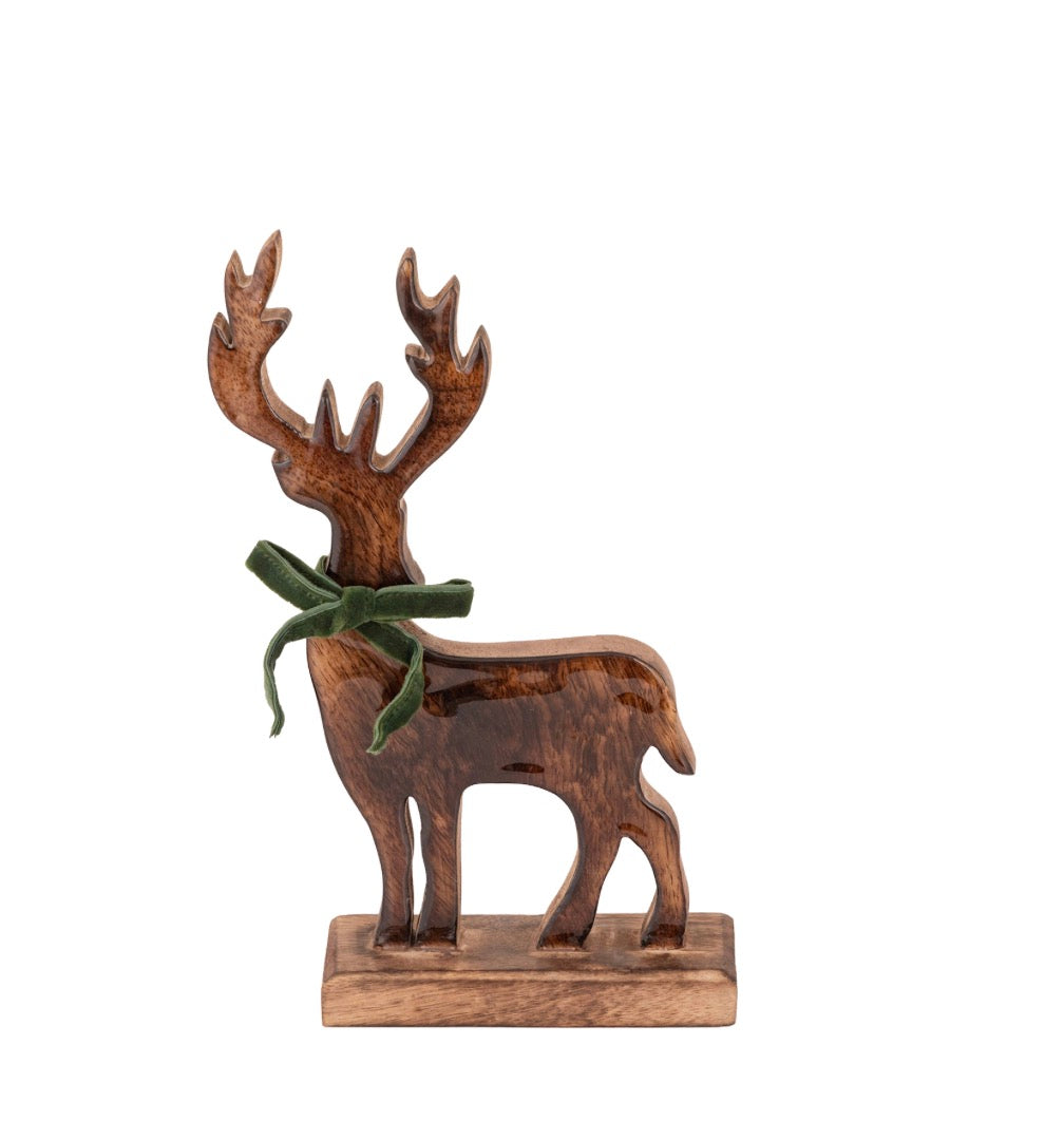 Rendier in mango hout donker met groene sjaal in veloers 17.0 x 7.0 x 28.0 cm