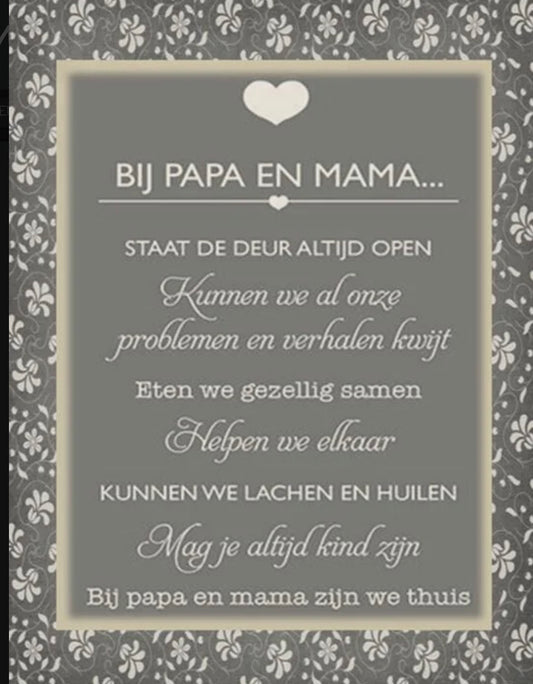 Tekstbordje bij papa en mama
