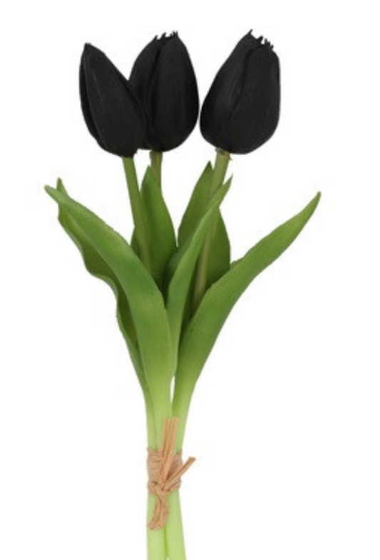 Boeket van 3 zwarte tulpen 29cm