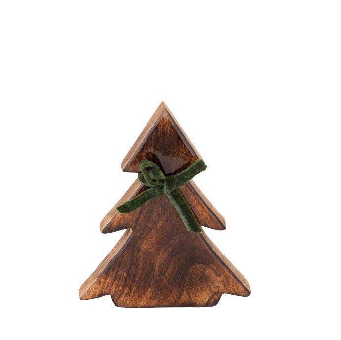 Kerstboom in mango hout met groene veloers strik 13.0 x 2.0 x 15.0 cm